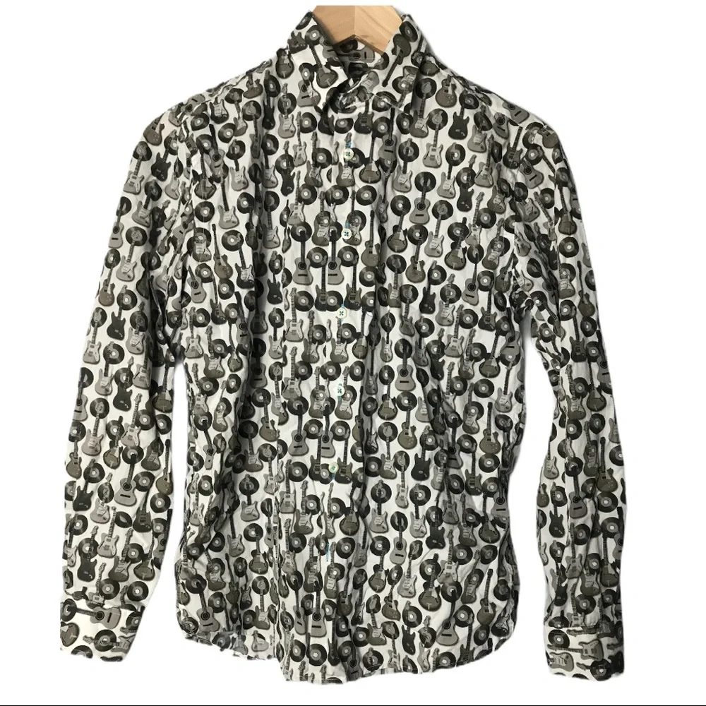 AGE OF WISDOM Guitar Print Button Down Dress Shirt 12-14 Boys